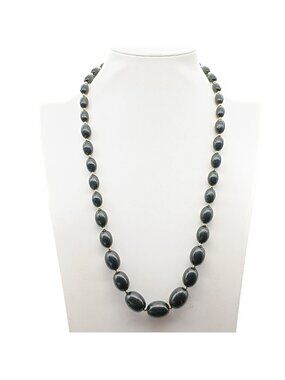 Vintage Black Beaded Necklace With Gold Accents - Classic Oval Beads 24-Inch Len